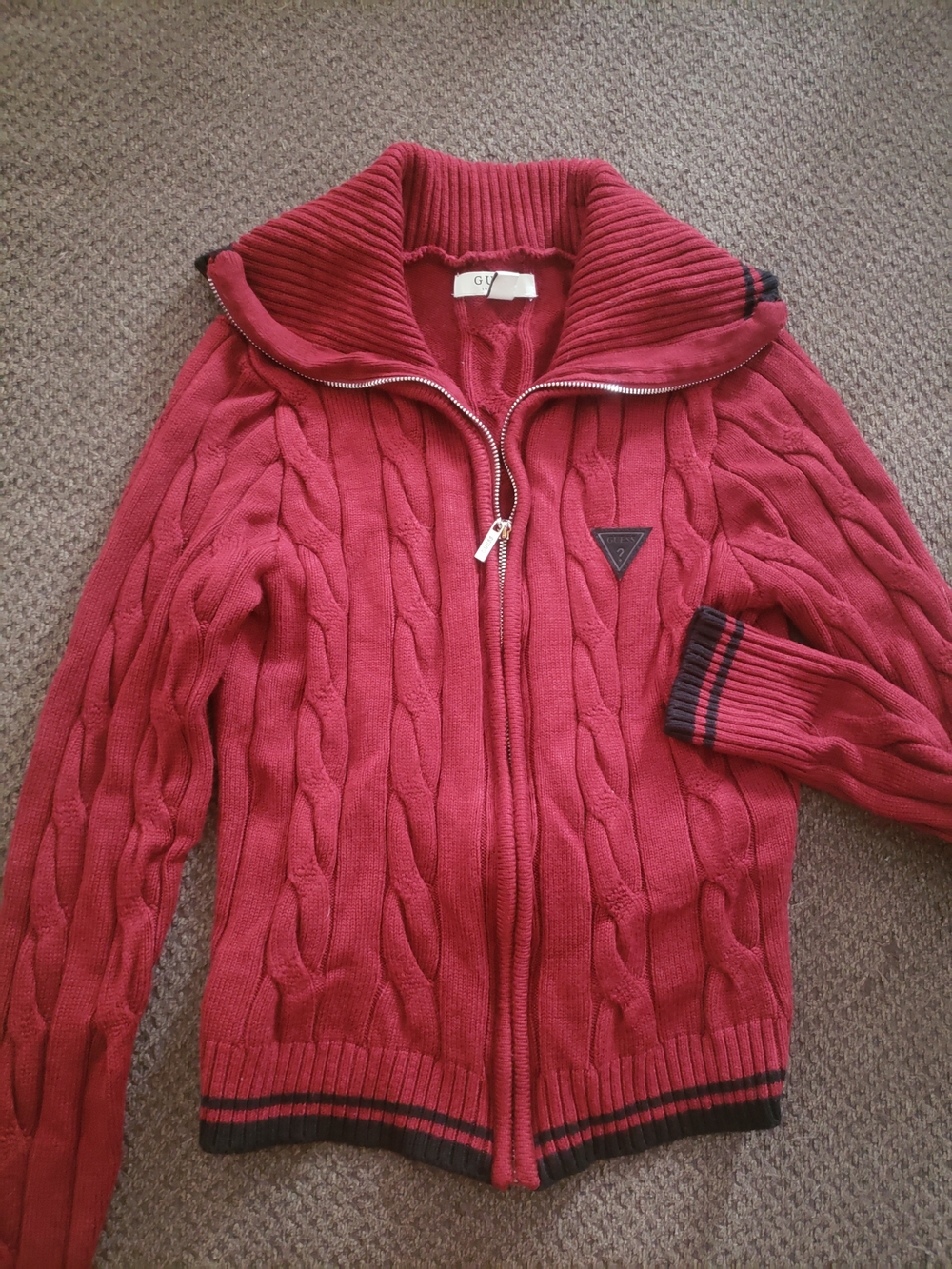 Guess Deep Red Ribbed Zip-Up Sweater
